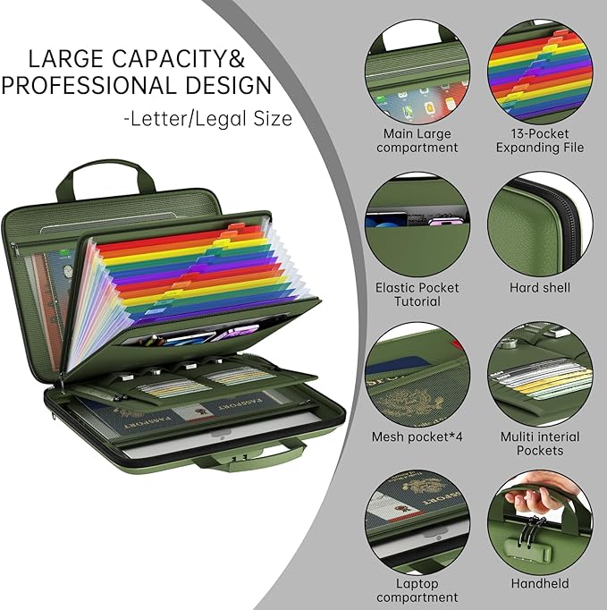 Fireproof File Organizer,Fireproof Document Box with Lock,Large 13 Pocket Expanding File Folder,Hard-Shell Portable Safe Storage for Letter/Legal Document,Laptop,Valuables-Green - Image 4