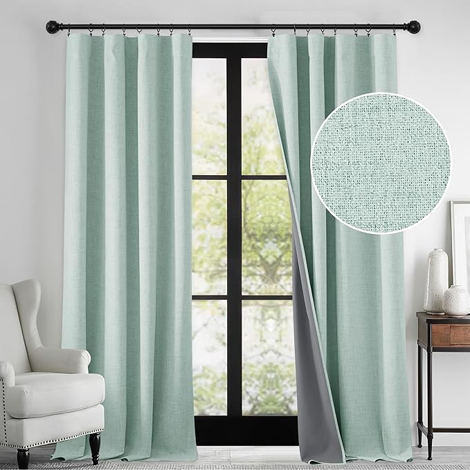 RYB HOME 100% Blackout Linen Textured Curtains 96 inches Long, Thermal Insulating Privacy Energy Saving for Bedroom Living Room Window Office Theater Baby Nursery, W 52 x L 96 in, Aqua, 2 Panels by RYBHOME