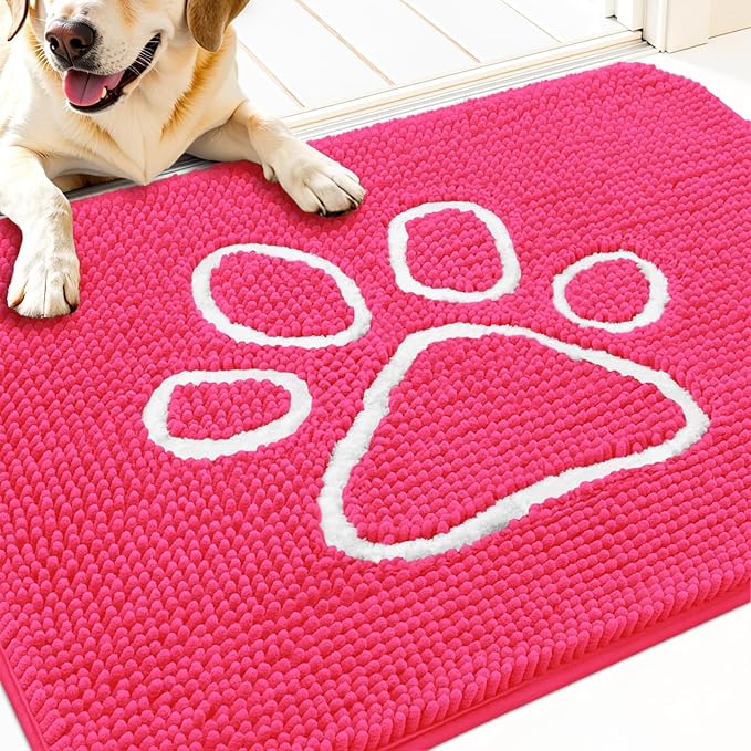 OLANLY Dog Door Mat for Muddy Paws 30x20, Paw Print Design, Absorbs Moisture and Dirt, Absorbent Non-Slip Washable Doormat, Quick Dry Chenille Mud Mat for Dogs, Entry Indoor Entryway Carpet, Hot Pink by OLANLY