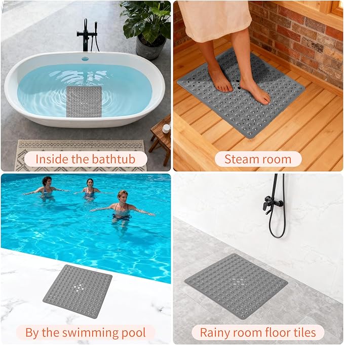 Anti-Slip Bathtub Shower mat, 20.8×20.8（Approximately 53×53cm） inch Soft Oversized Machine Washable Non-Slip Bathtub mat with Drainage Holes, Bathroom Floor Suction Cup.（1-Opaque Gray） - Image 7