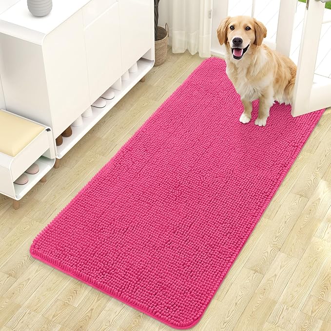 OLANLY Dog Door Mat for Muddy Paws 47x24, Absorbs Moisture and Dirt, Absorbent Non-Slip Washable Doormat, Quick Dry Chenille Mud Mat for Dogs, Entry Indoor Entryway Carpet for Inside Floor, Hot Pink by OLANLY