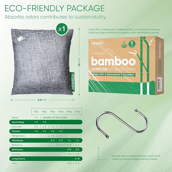 Activated Charcoal Odor Absorber,Large 500g W Hooks Nature Odor Eliminator for Strong Odor,Bamboo Charcoal Air Purifying Bags,Moisture Absorbers for Fresh Home Car Closet Pet,Smoke Smell Deodorizer - Image 9