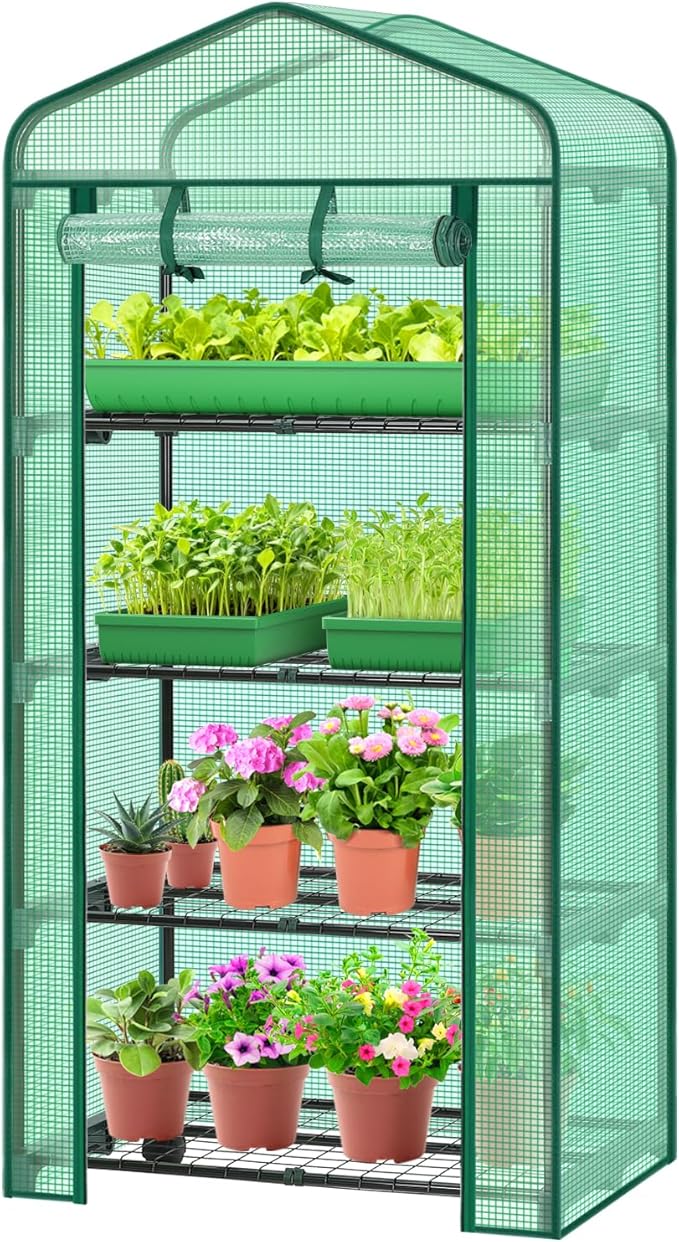 Ohuhu Mini Greenhouse for Indoor Outdoor, Small Plastic Plant Green House 4-Tier Rack Stand Portable Greenhouses with Durable PE Cover for Seedling, 2.5x1.6x5.2 FT, Ideal Gardening Gifts for Women Men by Ohuhu