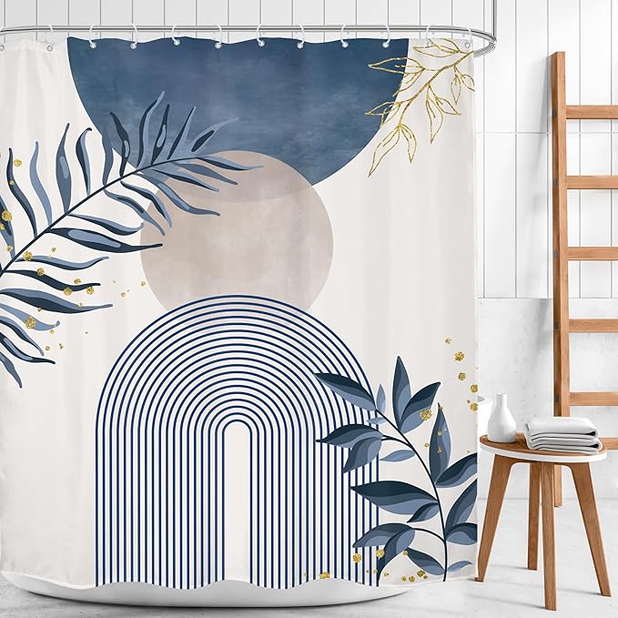 Blue Gray Boho Shower Curtain Dusty Blue Gold Leaves Modern Bohemian Abstract Mid Century Minimalist Grey Plant Bathroom Decor Geometric Arch 60Wx72H Bath Curtain Fabric Polyester 12 Pack Hooks - Image 2