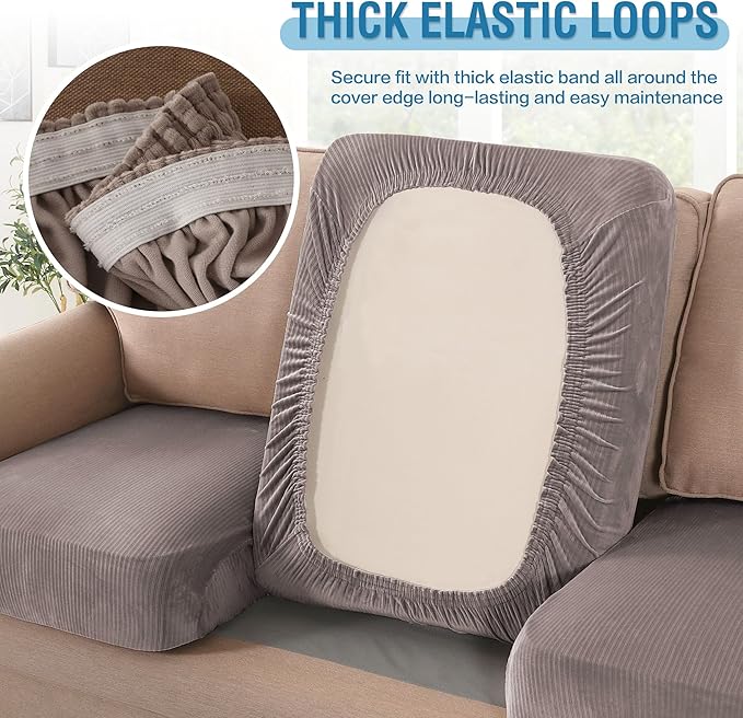 H.VERSAILTEX Velvet Stretch Couch Cushion Cover Plush Cushion Slipcover for Chair Loveseat Sofa Cushion Furniture Protector Seat Cushion Sofa Cover (2 Piece Medium Sofa Cushion Covers, Taupe Striped) - Image 6