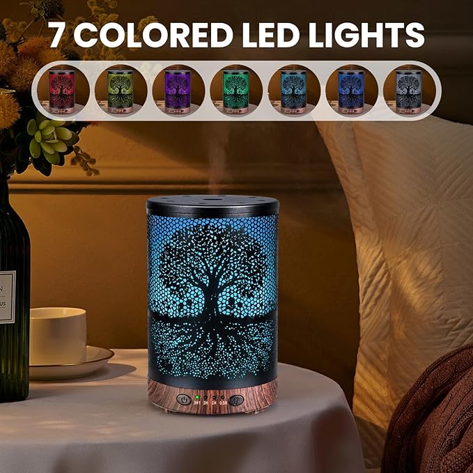 Essential Oil Diffuser 120ML Metal Aromatherapy Diffuser with Timer, Cool Mist Humidifier with Auto Shut-Off & 7 Color Lights for Home Office Spa (Life Tree) - Image 3