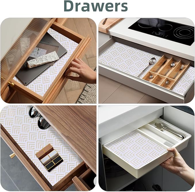 Shelf Liner for Kitchen Cabinets 12in x 10FT Non Adhesive Drawer Liner Non-Slip Thickened Shelf Liner Paper Strong Easy to Clean for Tool Box Refrigerator with Knife and Tape Measure, Gold Arrow - Image 5