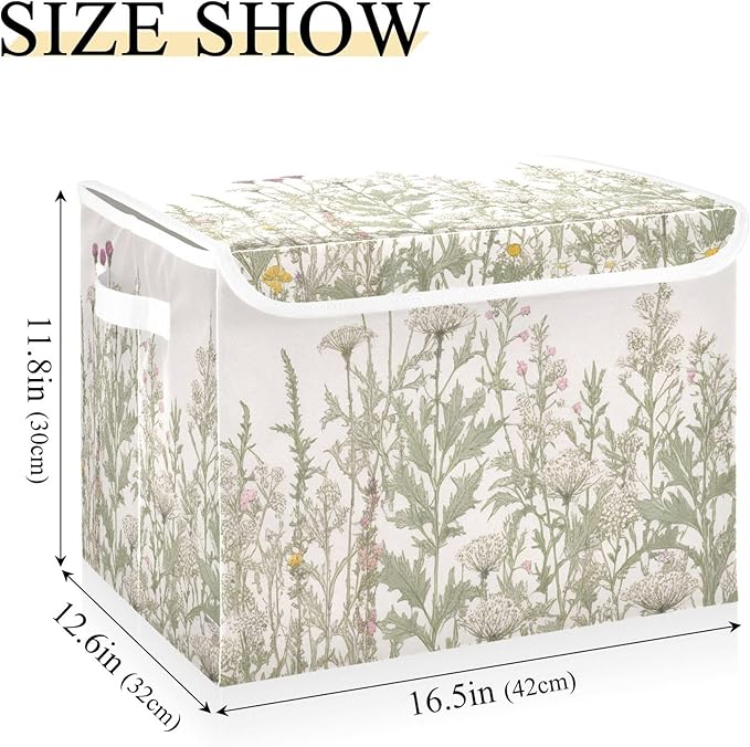 xigua Vintage Colorful Herbs and Wild Flowers Floral Storage Bins with Lids and Carrying Handle,Foldable Storage Boxes Organizer Containers Baskets Cube with Cover for Home Bedroom Closet Office - Image 2