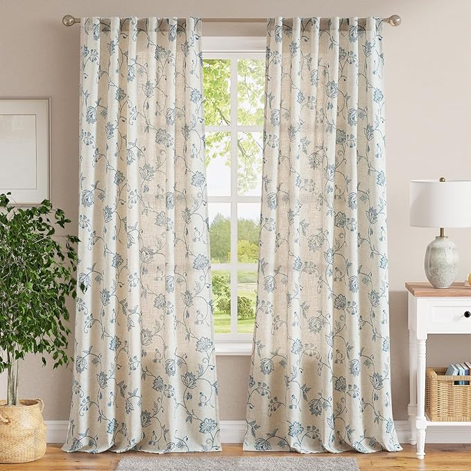 jinchan Linen Curtains Floral Curtains 96 Inch Length for Living Room Bedroom Light Filtering Rod Pocket Back Tab Jacobean Curtains Flax Linen Texture Window Drapes Set 2 Panels Blue on Linen - Image 2