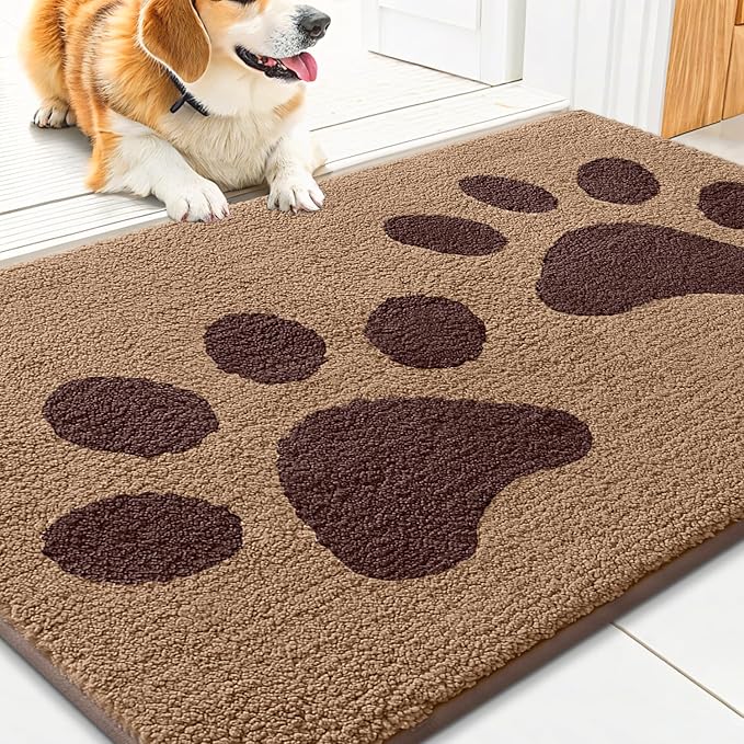 Smiry Dog Door Mat for Muddy Paws, Absorbs Moisture and Dirt, Low-Profile Entryway Mat with Non-Slip Backing, Entry Indoor Outdoor Doormat for Inside Floor (36x24 Inches, Beige, Paw) by Smiry