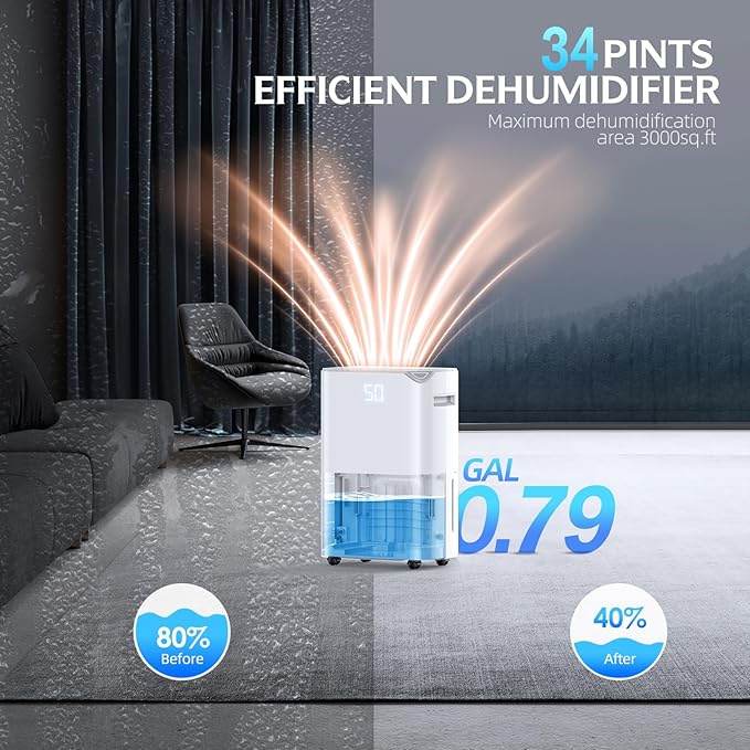 3000 Sq.Ft Wi-Fi Dehumidifiers for Home, 34 Pints Energy Star Certified Smart Dehumidifier for Basement, Bedroom, Bathroom, with Drain Hose, 3 Modes,24H Timer,Auto Defrost, Child Lock - Image 3