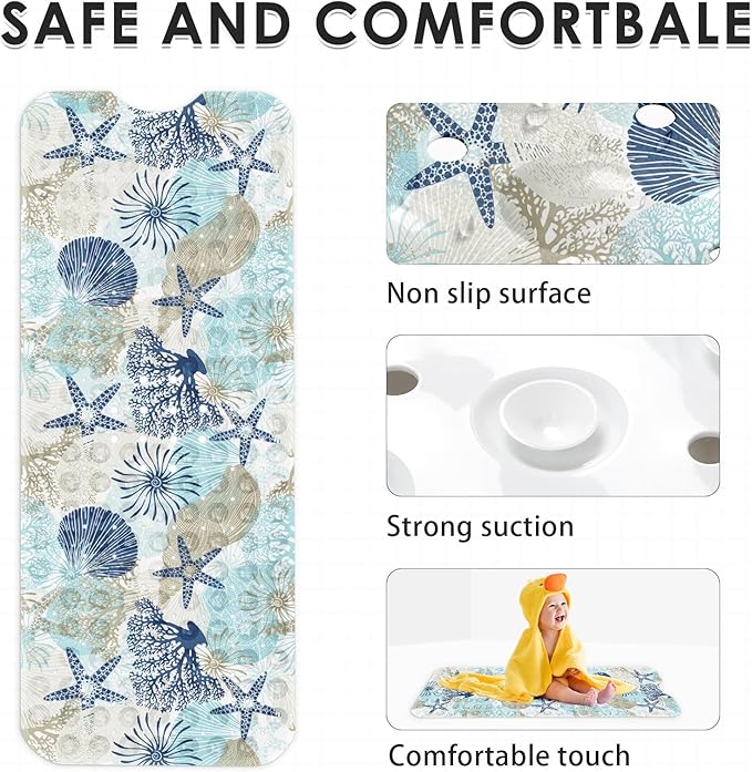 Cute Seashells Sea Shell Bath Mat Non Slip, Ocean Starfish Beach 40X16 Inch Extra Long Bathtub Shower Mat for Tub Anti Slip with Suction Cups and Drain Holes for Kid Adult Elderly - Image 4