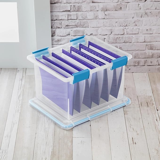 32 Quart Gasket Box, Weather-Resistant Clear File Storage Bin with Latch Lid, Blue - Image 4
