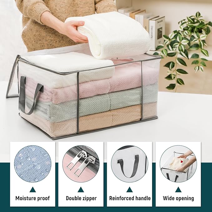 LANDNEOO 6-Pack Clothes Storage Bags, Plastic Foldable Blanket Storage bins, Closet Organizer Container for Bedroom, Bedding, Comforters, Pillows, and Clothing - 60L with Handles - Image 4