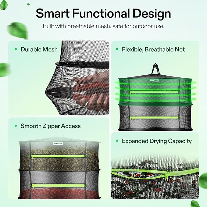 VIVOSUN 2-Layer Mesh Drying Rack Hanging Design with Green Zippers for Dehydrating, Indoor and Outdoor Pruning Shears Included (Pack of 2) - Image 4