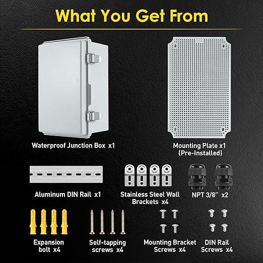 Waterproof Electrical Junction Box, IP67 ABS Plastic Junction Box Enclosure with Aluminum DIN Rail, Mounting Plate, Wall Brackets for WiFi Electronics Project, Grey (10.2''×6.3''×3.9'') - Image 5