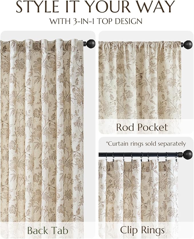 jinchan Lined Linen Floral Curtains for Living Room, 96 Inch Length Printed Flower Farmhouse Patterned French Country Back Tab Taupe Window Drapes Set Privacy Bedroom Curtains, 2 Panels - Image 5