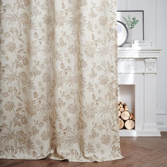 jinchan Linen Floral Curtains for Living Room with Printed Flower 63 Inches Long Light Filtering French Country Back Tab Rod Pocket Taupe Window Curtain Set Farmhouse Drapes 2 Panels Taupe - Image 3