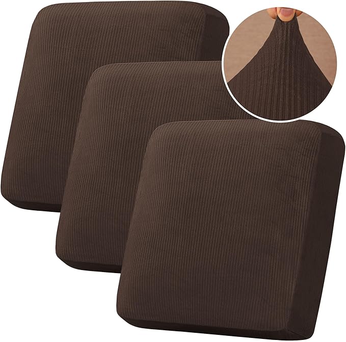 H.VERSAILTEX Velvet Stretch Couch Cushion Cover Plush Cushion Slipcover for Chair Loveseat Sofa Cushion Furniture Protector Seat Cushion Sofa Cover (3 Piece XL Sofa Cushion Covers, Brown Striped) by HVERSAILTEX