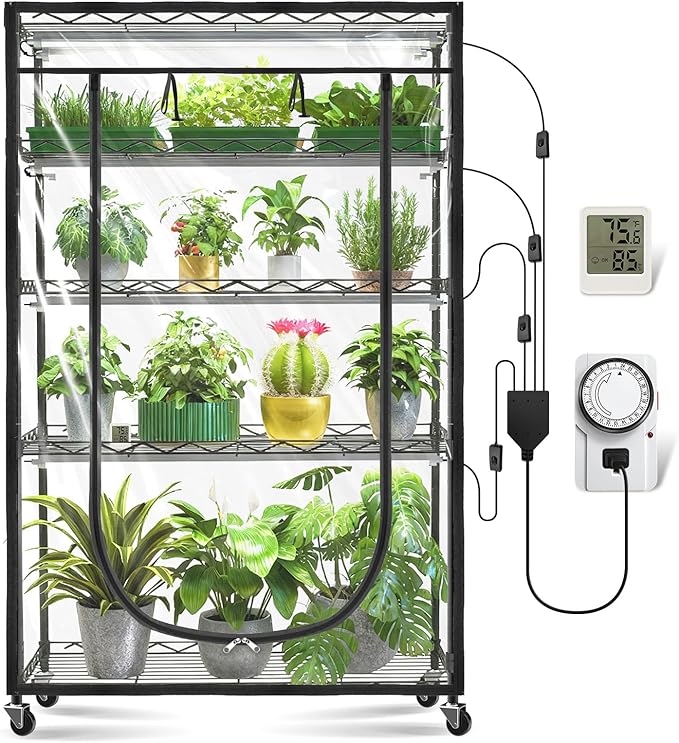JESLED Indoor Greenhouse with Grow Light, 3FT Full Spectrum 5000K LED Light for Seed Starting, Tiered Lighting Control, Built-in Timer & Thermo-Hygrometer, Rolling Metal Plant Stand (35.4x13.8x70IN) - Image 4