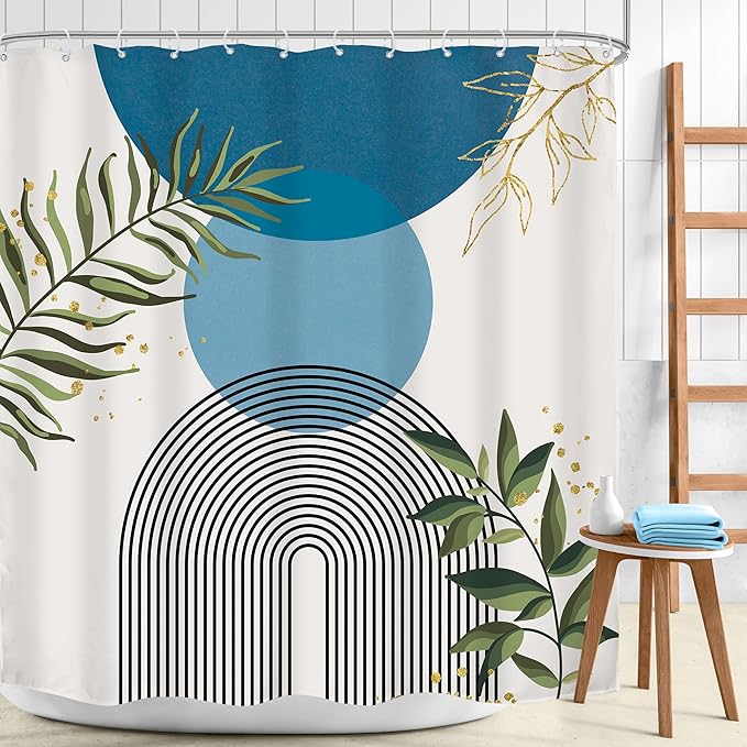 Blue Boho Modern Shower Curtain 72Wx72H Mid Century Abstract Gold Green Leaves Sun Arch Minimalist Geometric Aesthetic Plant Bathroom Decor Neutral Bath Curtain Fabric Polyester 12 Pack Hooks - Image 2