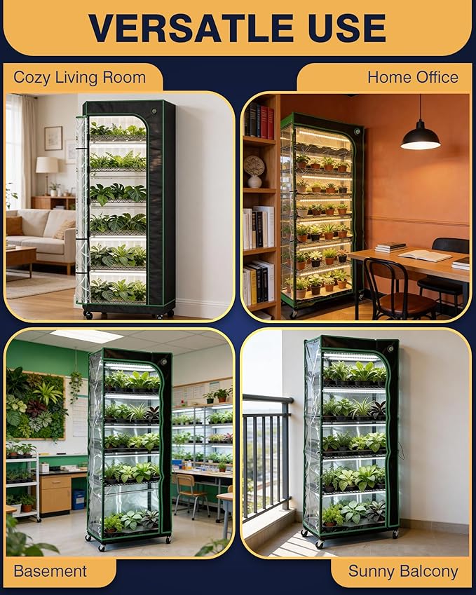 PYY Indoor Greenhouse with Grow Light - 6 Tier Heavy Duty T8 3000K Grow Lights, Curved Zip Door, Thermometer & Timer, Adjustable Shelves, 4 Caster Wheels for Home & Garden (27.6"x15.7"x70.9") - Image 8