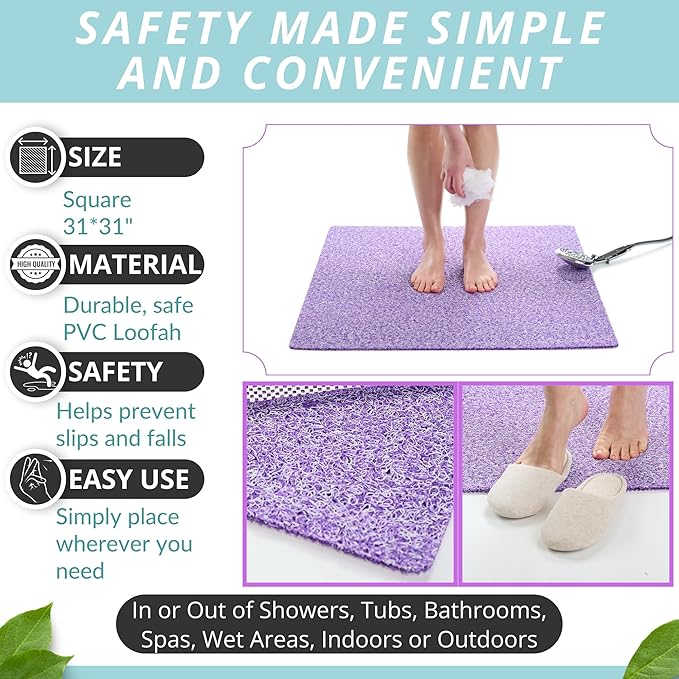 Square Shower Mat - Non Slip Shower Mats for Inside Shower - Extra Large 31x31 Shower Floor Mat Non Slip - Square Bath Mat for Shower - Secure Anti Slip Loofah Shower Bath Mat (31x31 Purple) - Image 3