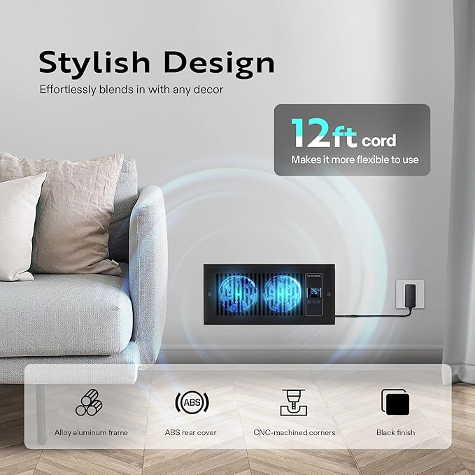 VIVOHOME Quiet Register Booster Fan with Opening 4'' x 10'' with Intelligent Thermostat 10-Speed Control, 11.8" x 5.5" Vent Cover, Smart Register Vent for Room Floor Wall, Black - Image 7