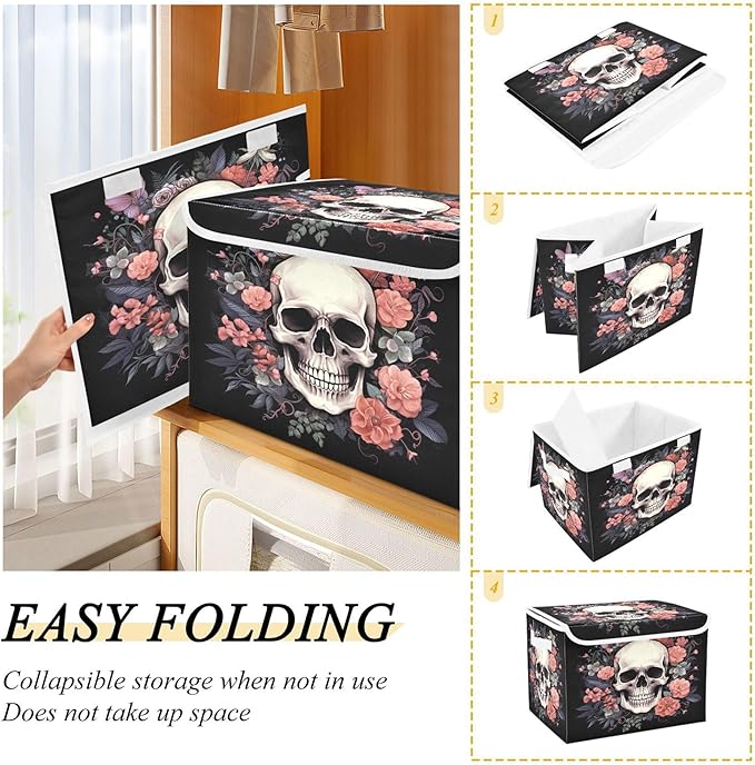 xigua Skull Storage Bins with Lids and Carrying Handle,Foldable Storage Boxes Organizer Containers Baskets Cube with Cover for Home Bedroom Closet Office - Image 4