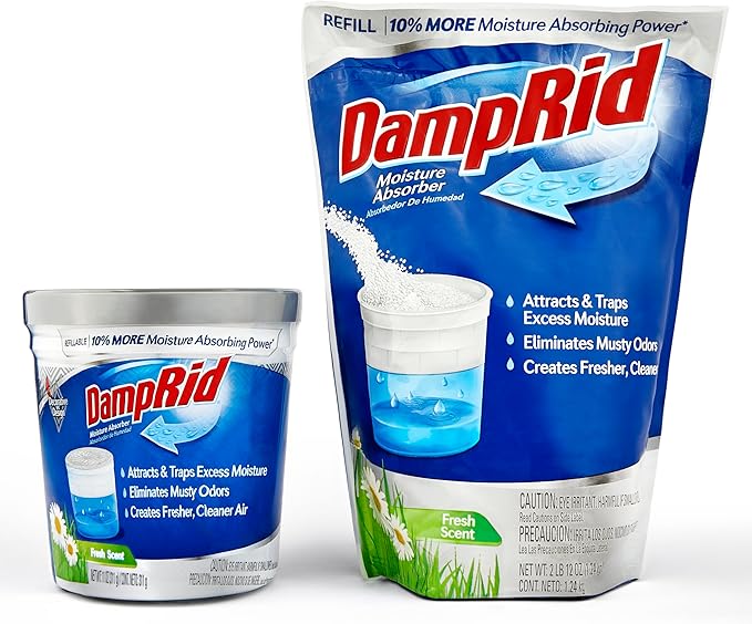 Damp Rid Refillable Moisture Absorber – Fresh Scent Humidity Absorber & Odor Absorber with 11oz Cup and 44oz Refill Bag, Cleaner Air for Closet & Bathroom – ILIOS Packaging by Ilios