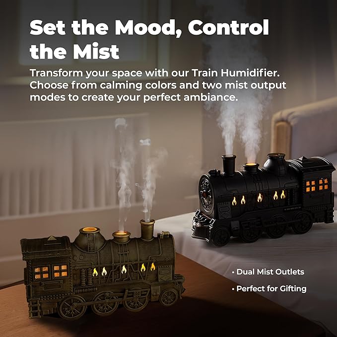 OMEO Black Small Train Aromatherapy Humidifier & Essential Oil Diffuser - Dual Mist, Quiet Ultrasonic, 300ML Tank, Remote Control, LED Light, Air Purifier for Home, Office, and Bedroom Use - Image 5