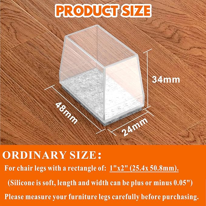 Rectangle Chair Leg Protectors for Hardwood Floors,16 PCS Silicone Covers to Protect Wood Tile Floors Felt Pads Furniture Leg Caps Reduce Noise. Easy to Move.(Clear,1 x 2 Inch,Rectangle) - Image 2