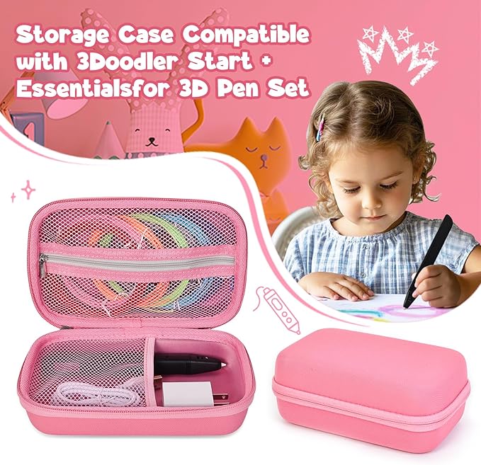 Case Compatible with 3Doodler Start+ Essentials for 3D Pen Set for Kids, Carrying Holder Fit for Printing Pens, Storage Organizer for Printing Filament Refill, Micro-USB Charger (3D-04B-Pink) - Image 6
