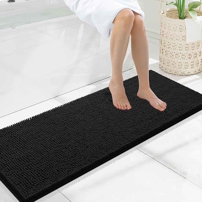 Smiry Luxury Chenille Bathroom Rugs 47x17, Extra Soft and Absorbent Shaggy Bath Mat, Machine Washable, Non-Slip Plush Carpet Runner for Tub, Shower, and Floor, Home Decor Accessories, Black by Smiry