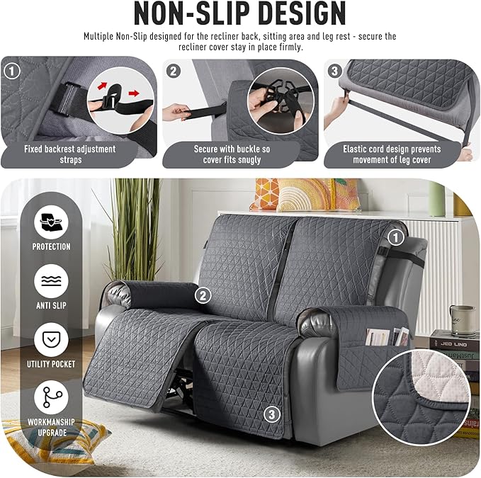 TAOCOCO 100% Waterproof Recliner Cover, Non-Slip Washable Reclining Couch Cover with Elastic Leg Straps, Furniture Protector for Dogs (Charcoal Gray, 2 Seater) - Image 5