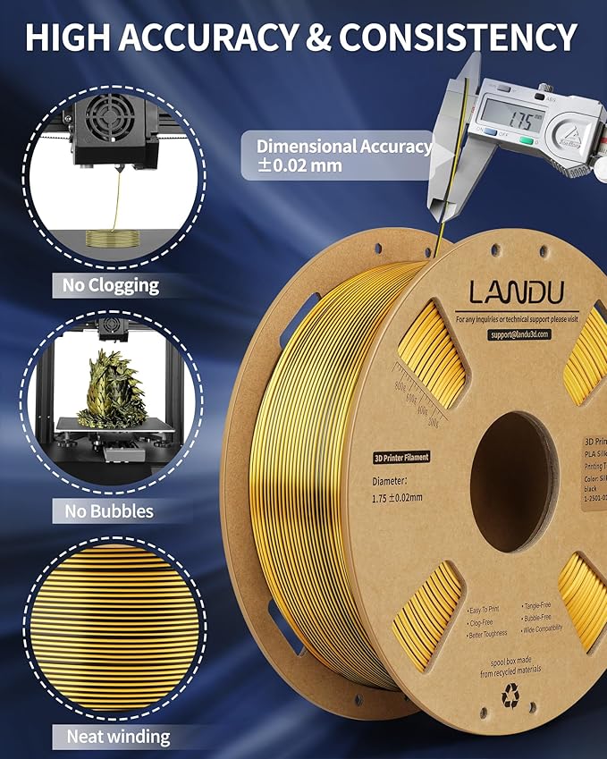 LANDU Silk Dual Color PLA Filament 1.75mm 1KG, 3D Printer Filament Dimensional Accuracy +/- 0.02mm, Coextrusion Filament PLA Shiny Filament Fits for Most FFF 3D Printers,1KG Spool (2.2lbs) Black Gold - Image 5