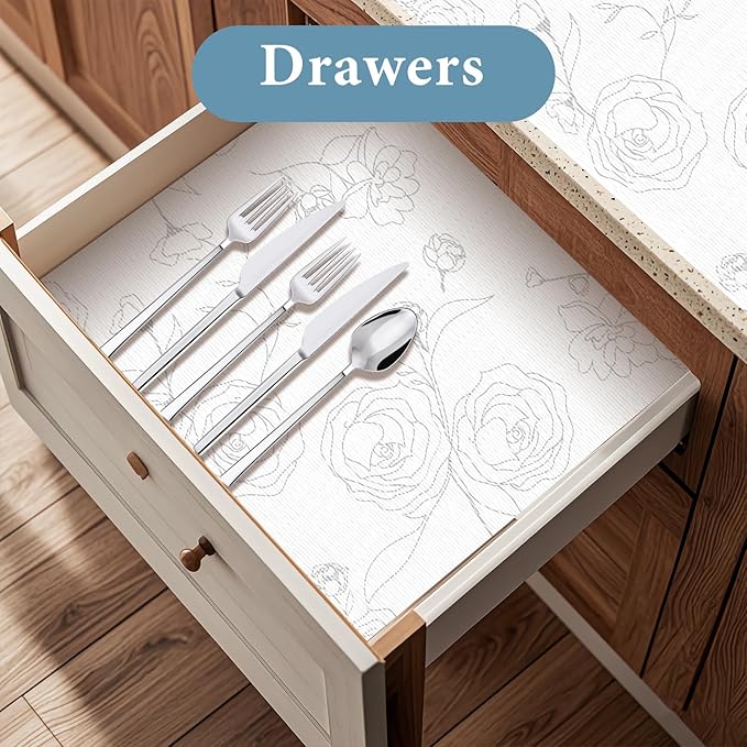 Shelf Liners for Kitchen Cabinets 17in x 30FT Non Adhesive Drawer Liner Sliver Floral Thickened Shelf Liner Paper Strong Non-Slip Easy to Clean for Tool Box Refrigerator with Knife and Tape Measure - Image 2