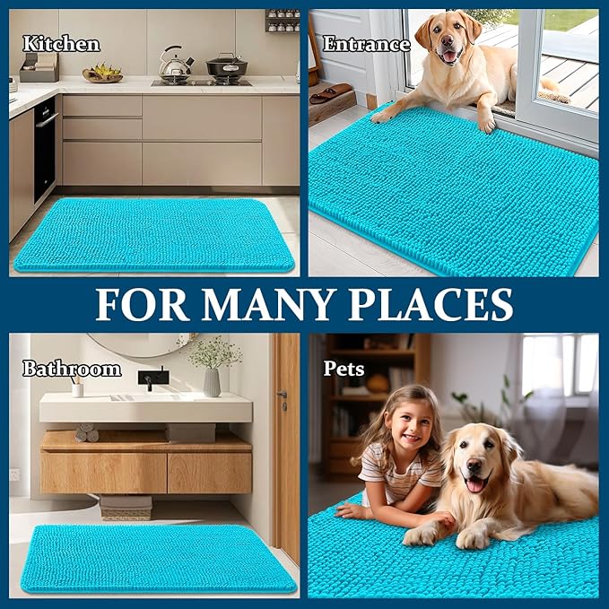 OLANLY Dog Door Mat for Muddy Paws 24x16, Absorbs Moisture and Dirt, Absorbent Non-Slip Washable Doormat, Quick Dry Chenille Mud Mat for Dogs, Entry Indoor Entryway Carpet for Inside Floor, Aqua Blue - Image 8