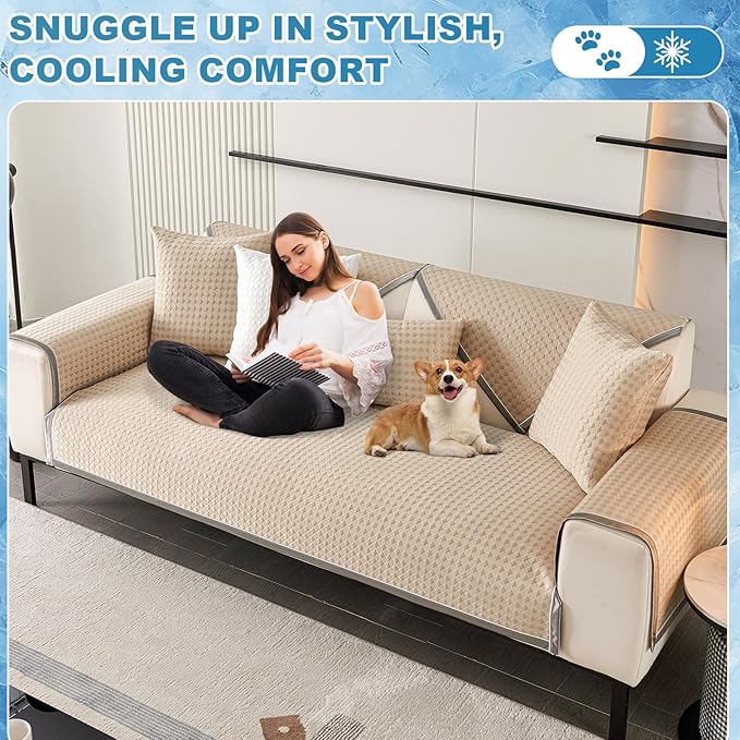 OTOB Cooling Dog Couch Cover Ice Silk Fiber, Washable & Non Slip Pet Mat Sofa Slipcovers, Soft Dog Bed Couch Covers Cooling Mat, Durable Pet Friendly Furniture Protector All Seasons (Khaki, 28"*59") - Image 7