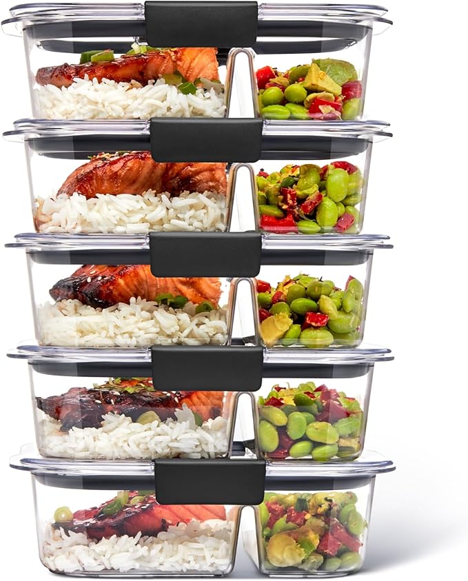 Rubbermaid Brilliance Meal Prep Containers, 2-Compartment Food Storage Containers, 2.85 Cup, 5-Pack, BPA-Free, Clear/Grey by Rubbermaid