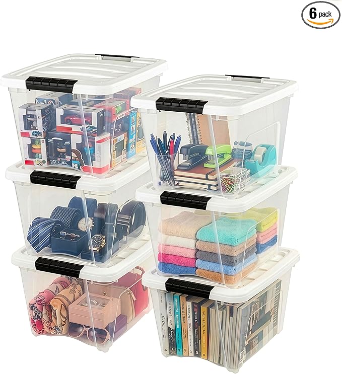 IRIS USA 19 Qt Stackable Plastic Storage Bins with Lids, 6 Pack - BPA-Free, Made in USA - See-Through Organizing Solution, Latches, Durable Nestable Containers, Secure Pull Handle - Clear/White by IRISUSA