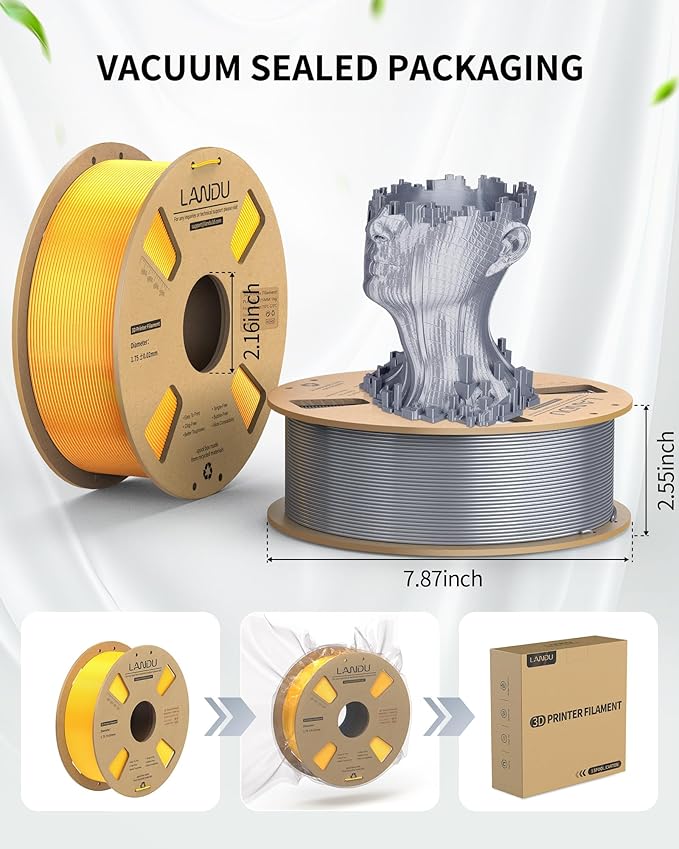 LANDU Silk PLA Filament 1.75mm Gold 2KG, 3D Printer Filament Dimensional Accuracy +/- 0.02mm, Cardboard Spool, Neatly Wound 3D Printing Filament Fits for Most FFF 3D Printers, Gold - Image 6