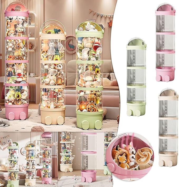 Rotating Toy Storage Tower, 2025 New Tube Storage for Stuffed Animals with Lights, Tube Storage Container with Zipper, Transparent Round Flip Organizer for Plush Toys (Green-with light, 63.8in) - Image 2
