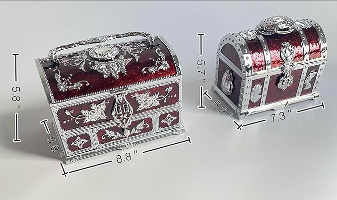 Retro Jewelry Box Arched Vintage Rectangular Metal Chest Necklace Ring Earrings Storage Case for Women Girls (Chrome Transparent Red, L Lock) - Image 3