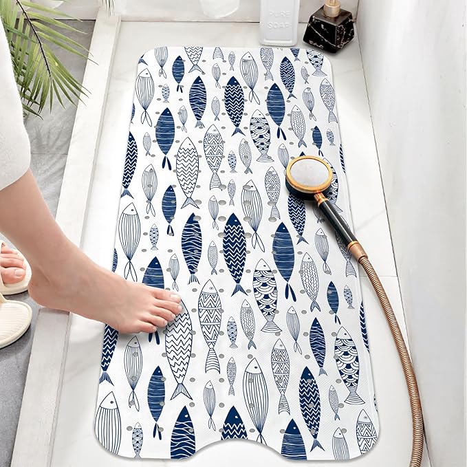 Fish Bathtub Mat Non Slip, Boho Baby Bath Mat for Tub Rubber Tub Mat, Cute Kids Bath Mats for Bathroom Ocean Anti Slip Shower Mat with Suction and Drain Holes Machine Washable, 40″X16″ - Image 2