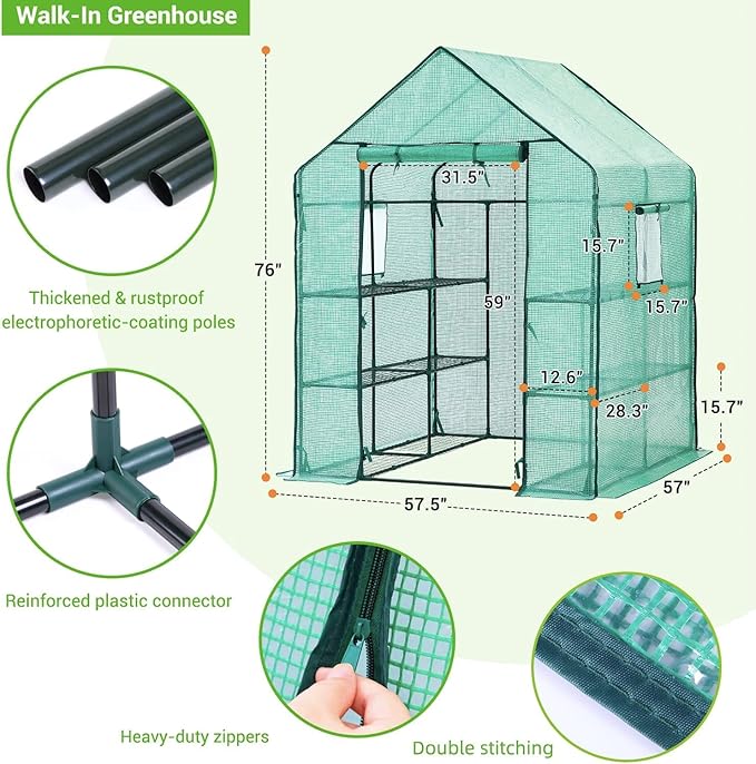 Ohuhu Greenhouse for Outdoors with Screen Windows, 57 x 57 x 76'' Walk in Plant Greenhouses Heavy Duty with Durable PE Cover, 3 Tiers 12 Shelves Stands Plastic Portable Green House with Shelf Clips - Image 6