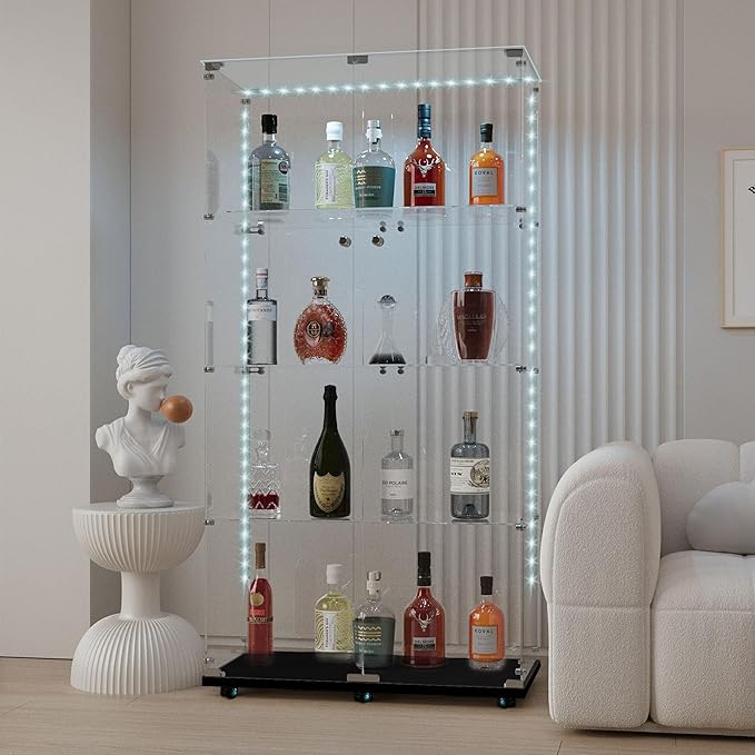 Yoluckea 4 Tiers Glass Display Cabinet with Bluetooth LED Light Strip, 2 Doors Floor Standing Curio Cabinet with Universal Wheel for Home Office Display,Black Glass Bookshelf for Collections,Clear Top - Image 5