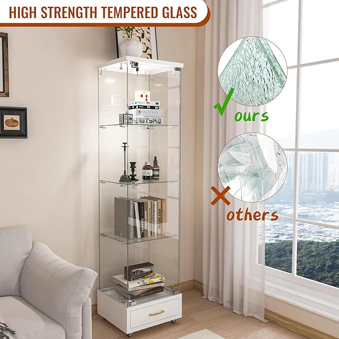 Yoluckea 4-Tier Glass Display Cabinet with LED Lighting and Drawer, 1-Door Floor Standing Curio Cabinet with Wheel for Home, Office, Corner Display, White Glass Bookshelf for Collections and Decor - Image 6