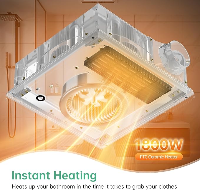 4-in-1 Bathroom Exhaust Fan with 1800W Heater, CCT LED Light & Remote Control, 150 CFM Quiet Ceiling Fan for Heating, Lighting, Ventilation & Blowing - Image 3