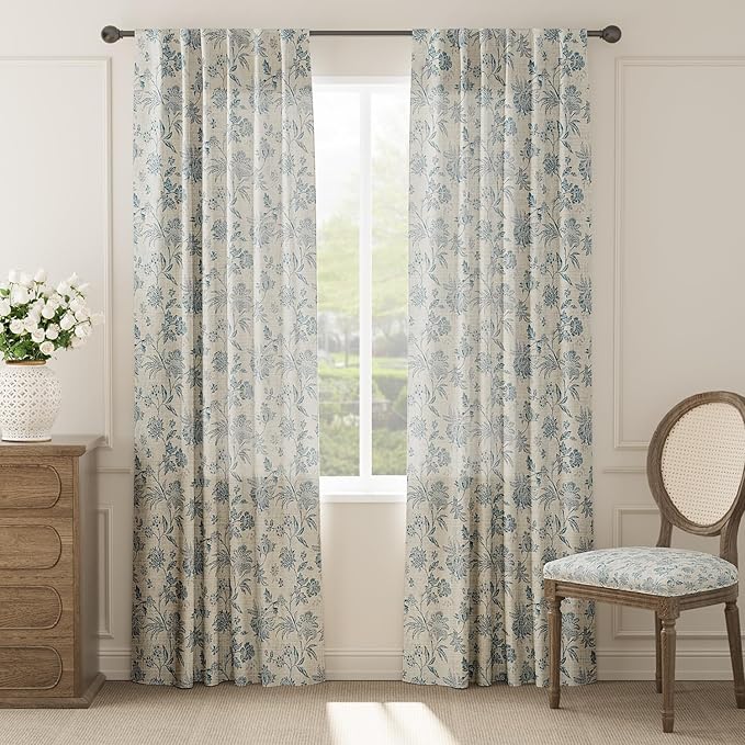 jinchan Linen Floral Curtains for Living Room with Printed Flower 84 Inches Long Light Filtering French Country Back Tab Rod Pocket Blue Window Curtain Set Farmhouse Drapes 2 Panels Blue - Image 2